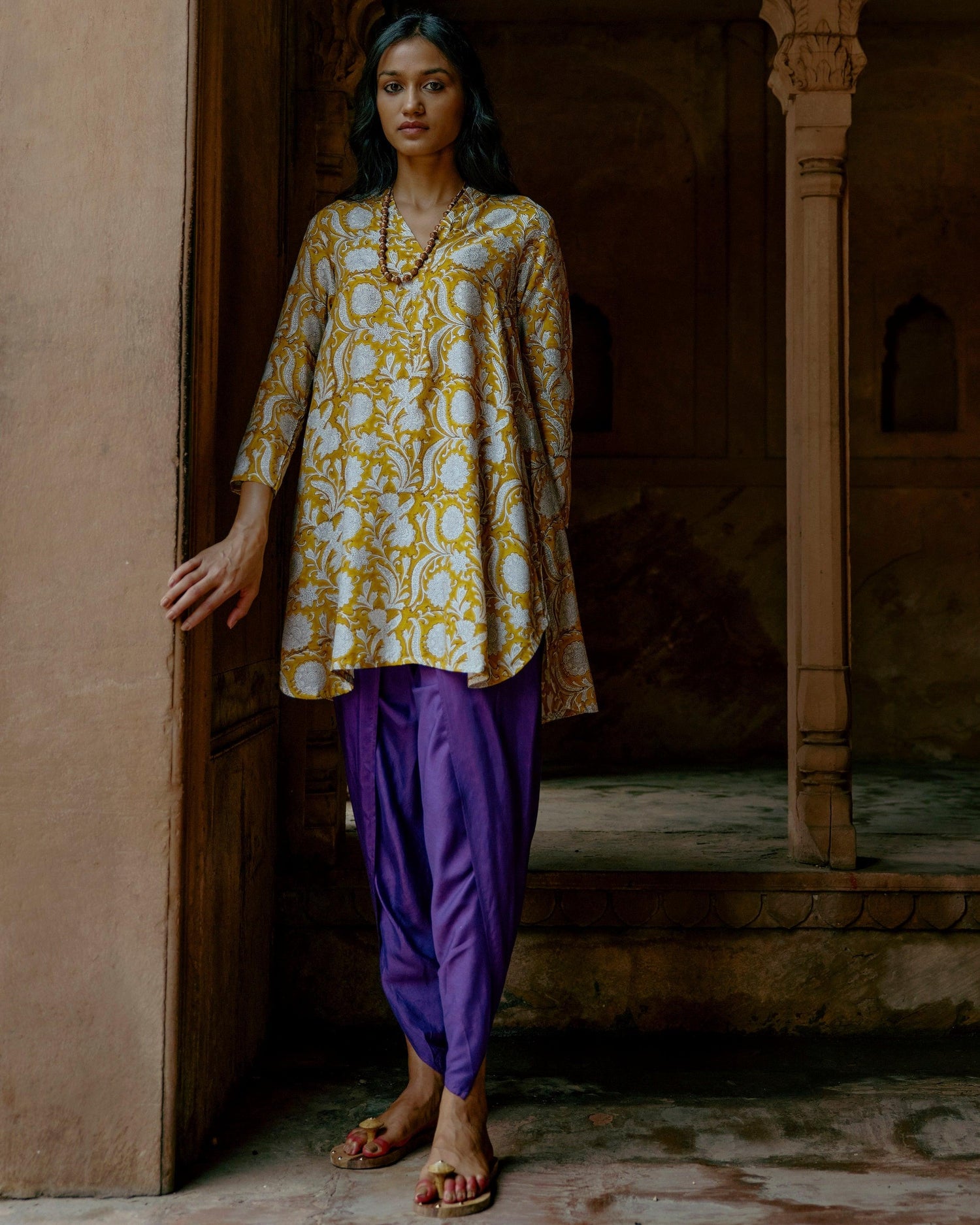 Yellow Hand Block Printed Short Silk Kurta Dhoti Pant Set - trueBrowns