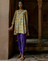 Yellow Hand Block Printed Short Silk Kurta Dhoti Pant Set - trueBrowns