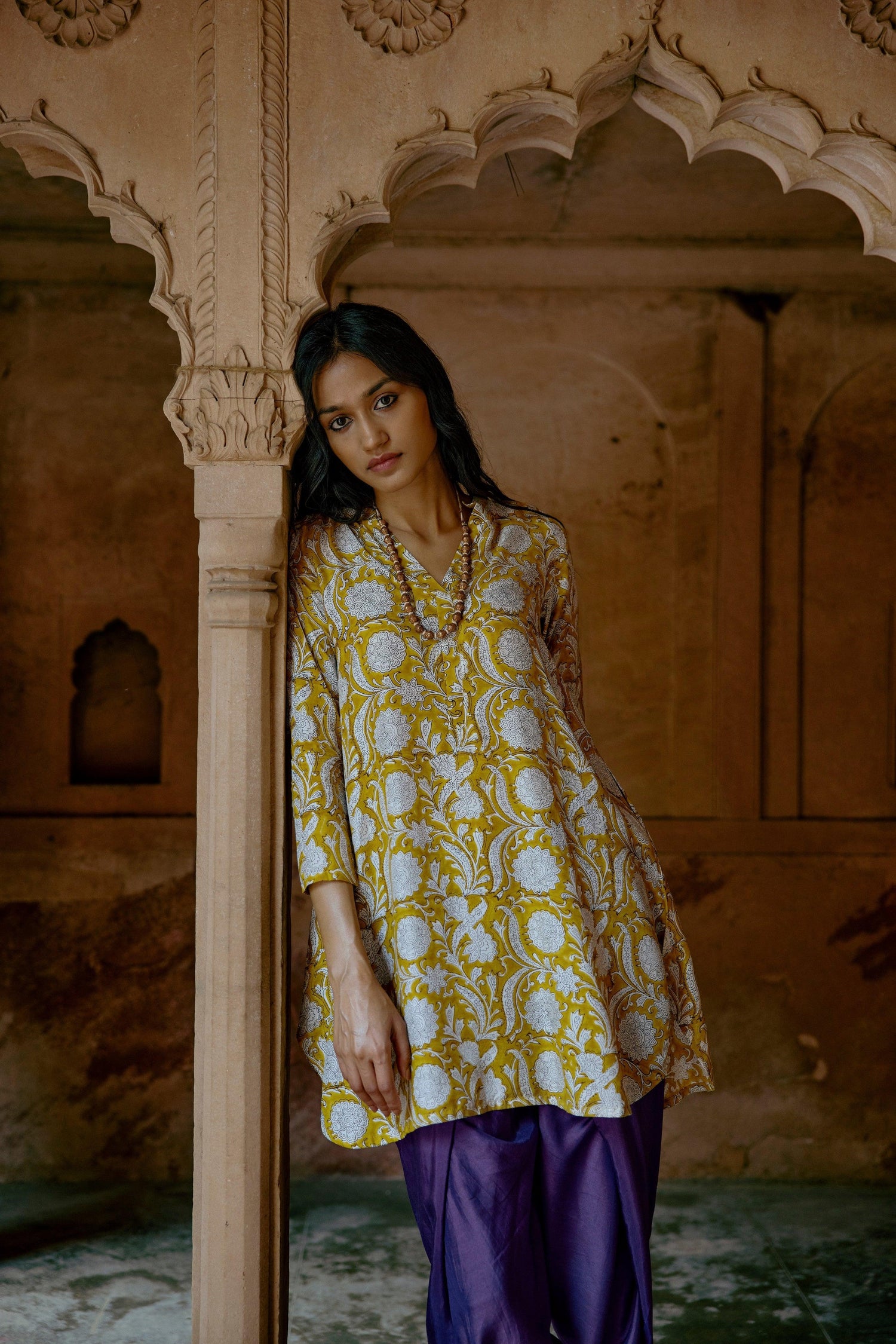 Yellow Hand Block Printed Short Silk Kurta Dhoti Pant Set - trueBrowns