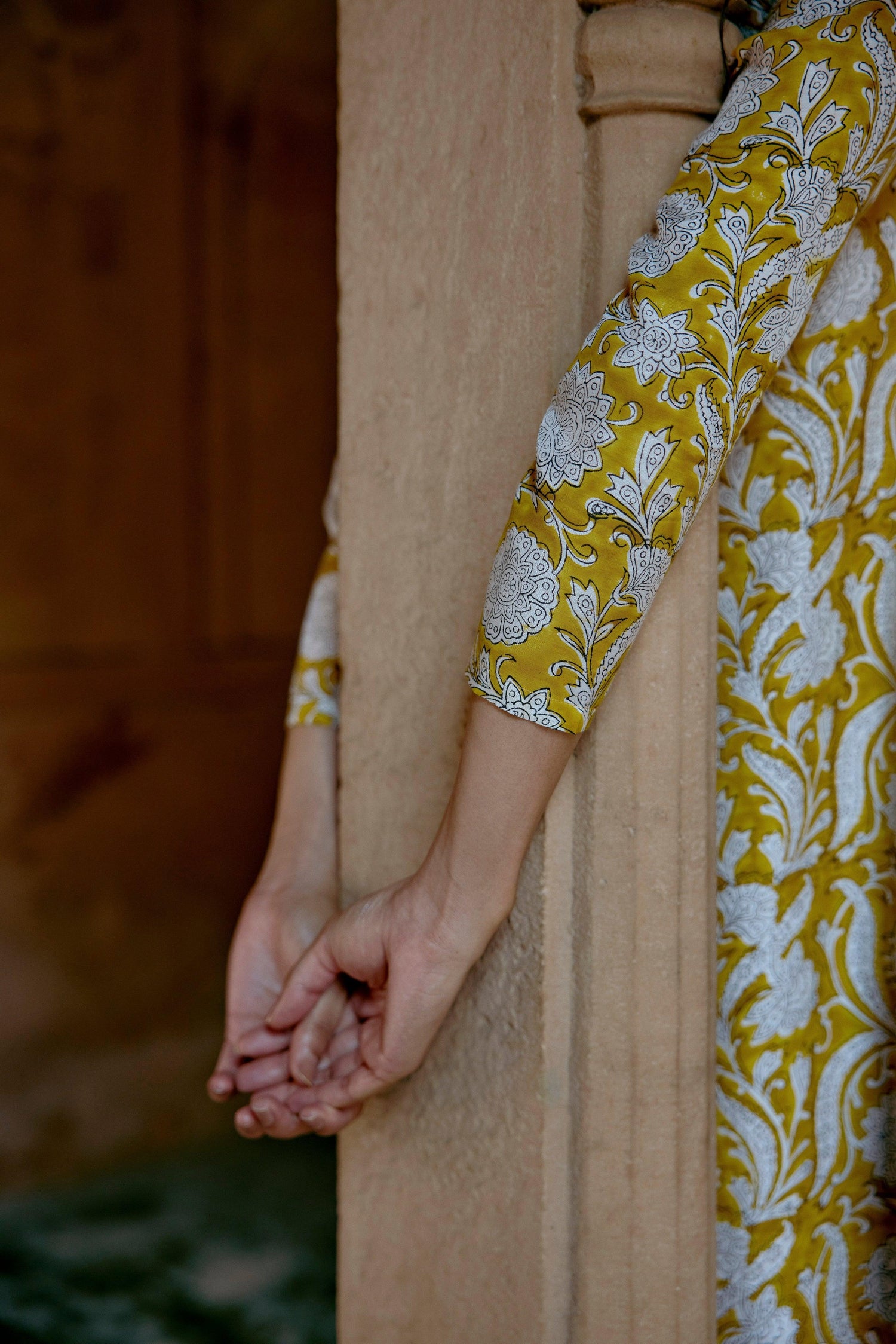 Yellow Hand Block Printed Short Silk Kurta Dhoti Pant Set - trueBrowns