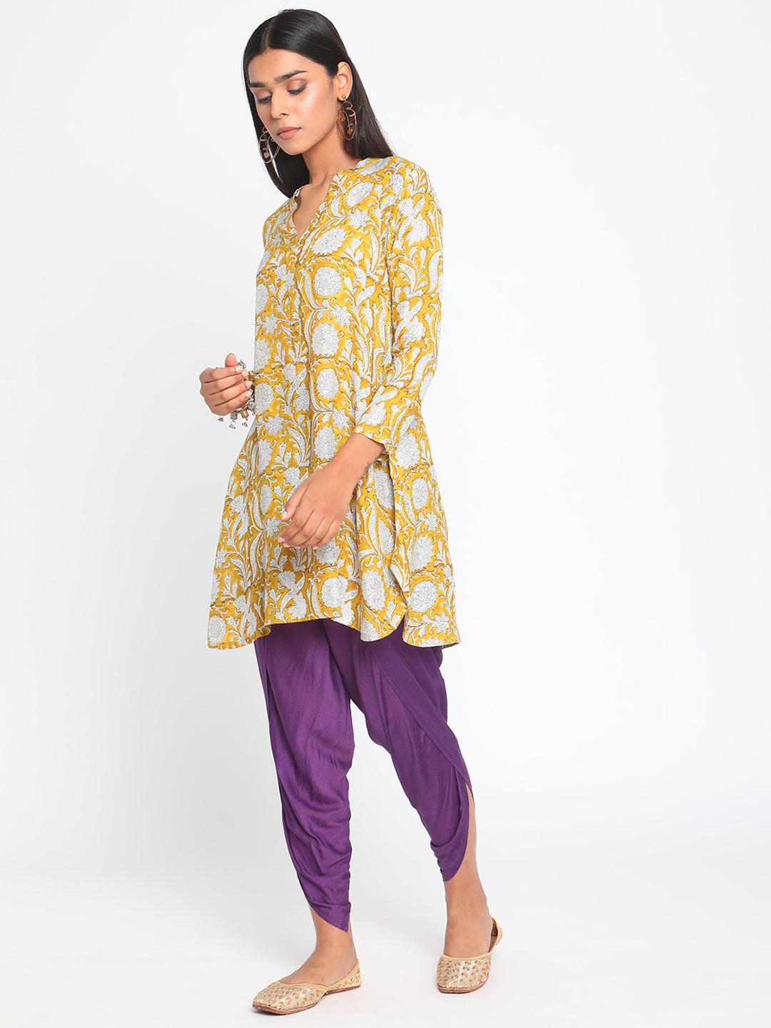 Yellow Hand Block Printed Short Silk Kurta Dhoti Pant Set - trueBrowns