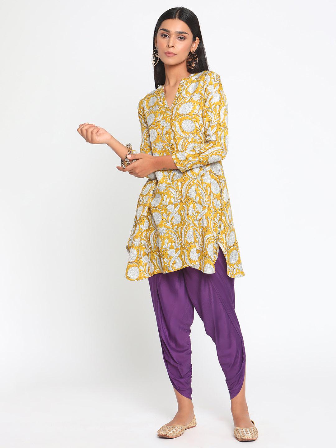 Yellow Hand Block Printed Short Silk Kurta Dhoti Pant Set - trueBrowns