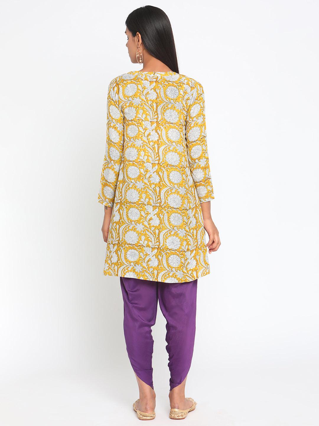 Yellow Hand Block Printed Short Silk Kurta Dhoti Pant Set - trueBrowns