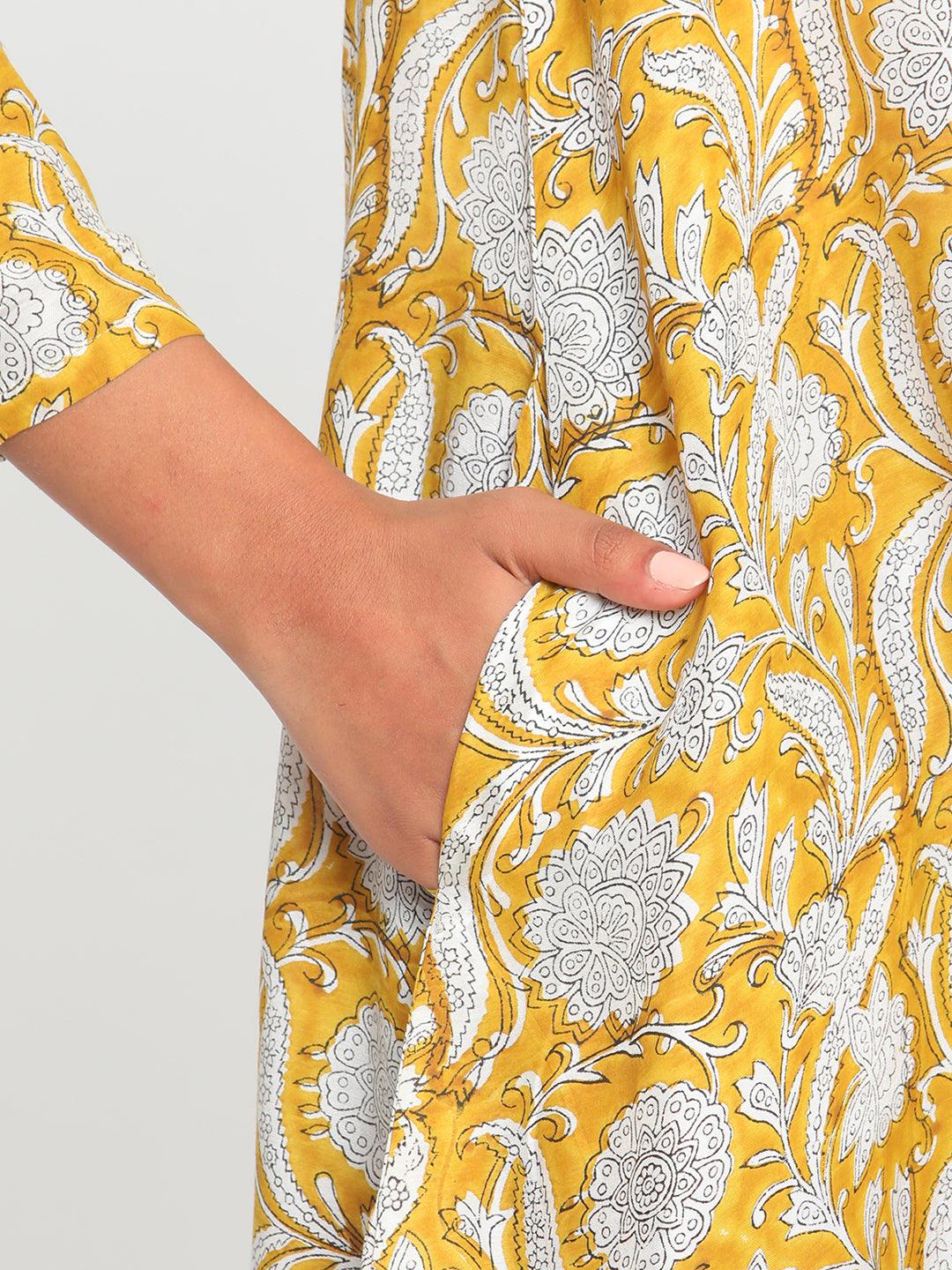 Yellow Hand Block Printed Short Silk Kurta Dhoti Pant Set - trueBrowns