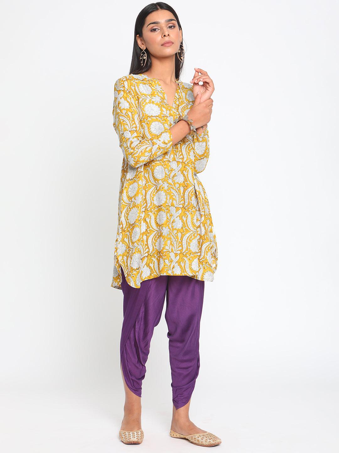 Yellow Hand Block Printed Short Silk Kurta Dhoti Pant Set - trueBrowns