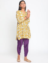 Yellow Hand Block Printed Short Silk Kurta Dhoti Pant Set - trueBrowns