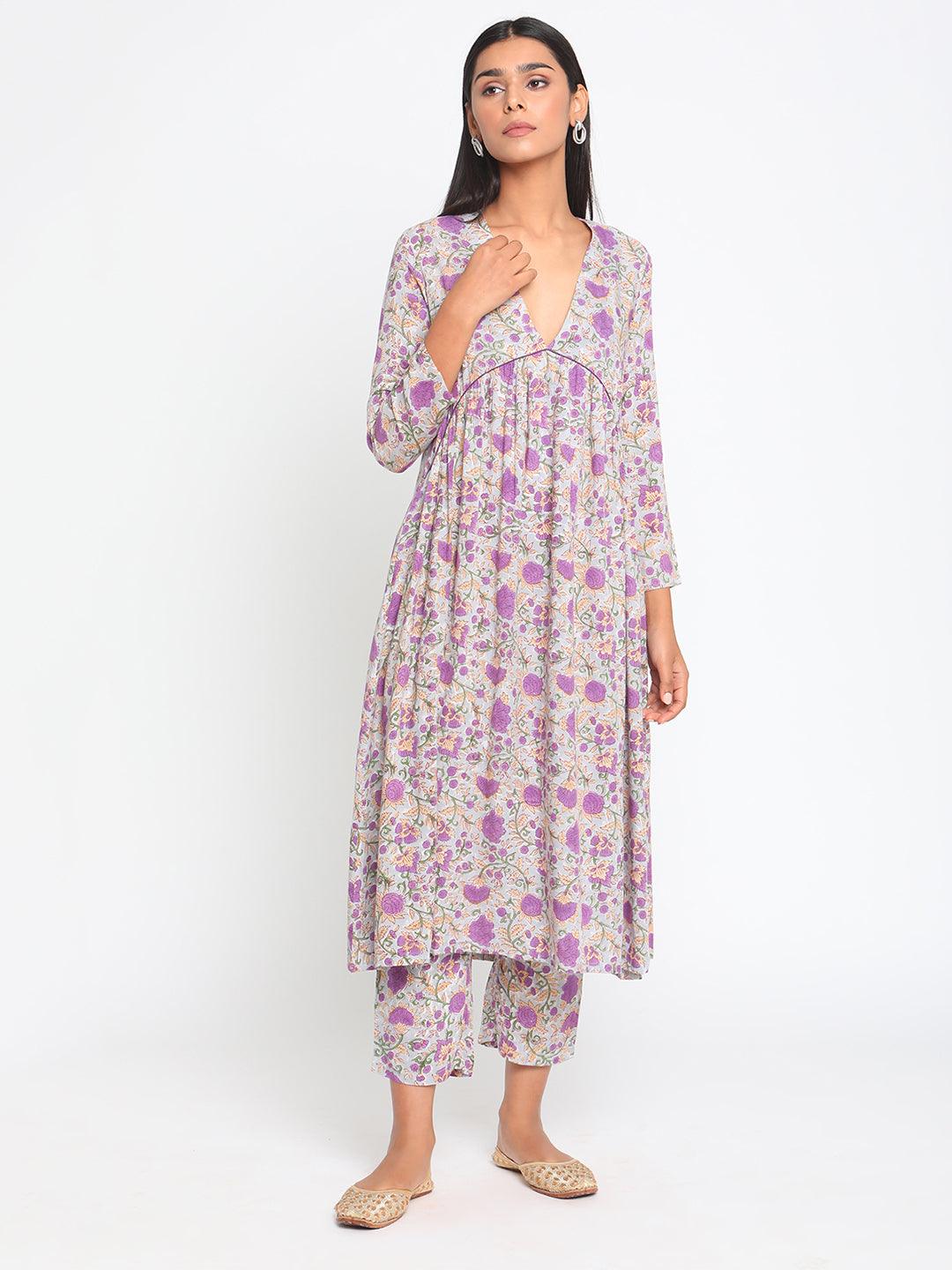 Purple Hand Block Printed Flared Silk Kurta Pant Set - trueBrowns