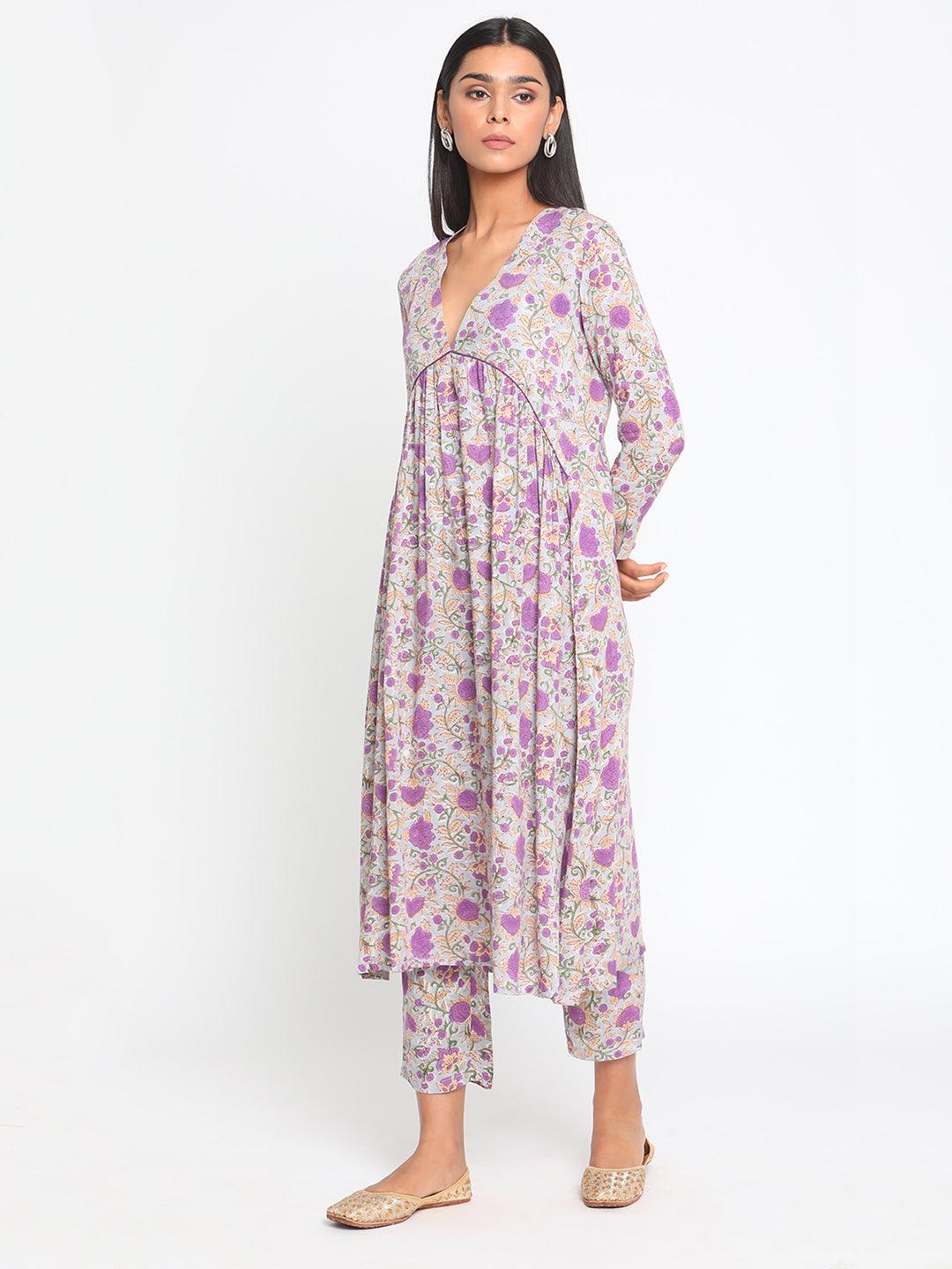 Purple Hand Block Printed Flared Silk Kurta Pant Set - trueBrowns