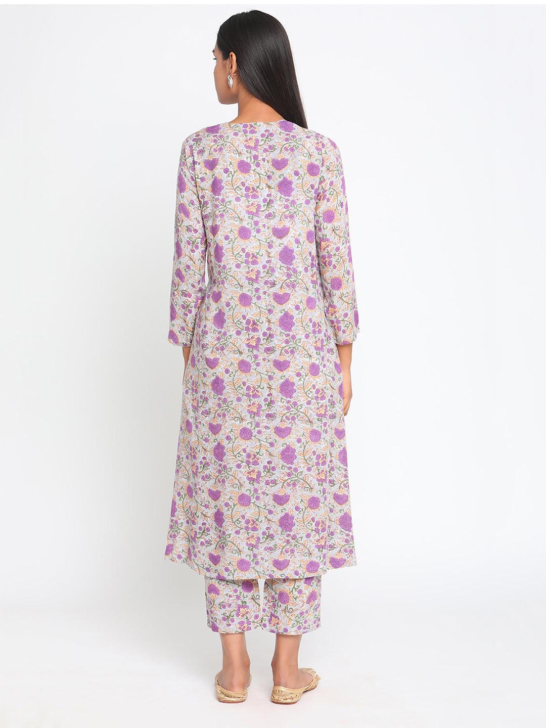 Purple Hand Block Printed Flared Silk Kurta Pant Set - trueBrowns