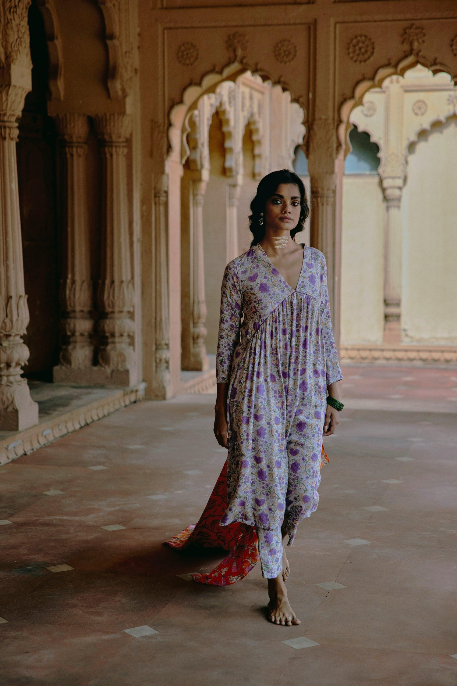 Purple Hand Block Printed Flared Silk Kurta Pant Set - trueBrowns