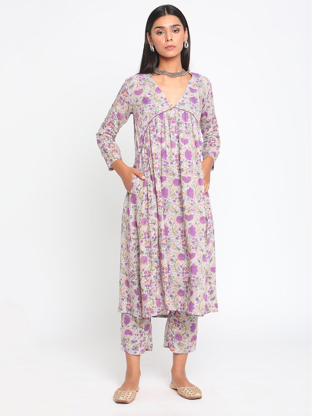 Purple Hand Block Printed Flared Silk Kurta Pant Set - trueBrowns