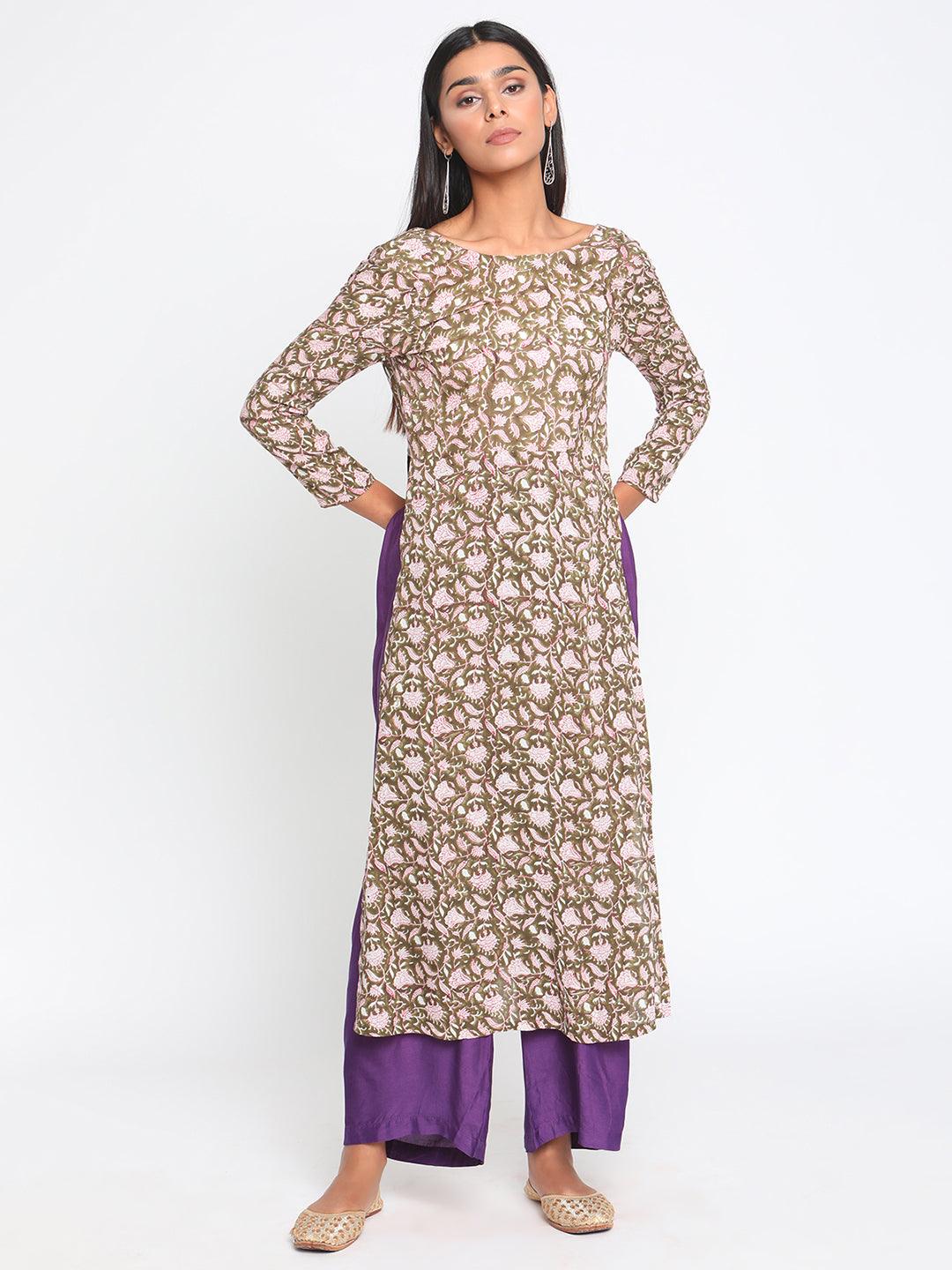 Olive Green Hand Block Printed Slit Silk Kurta Pant Set - trueBrowns