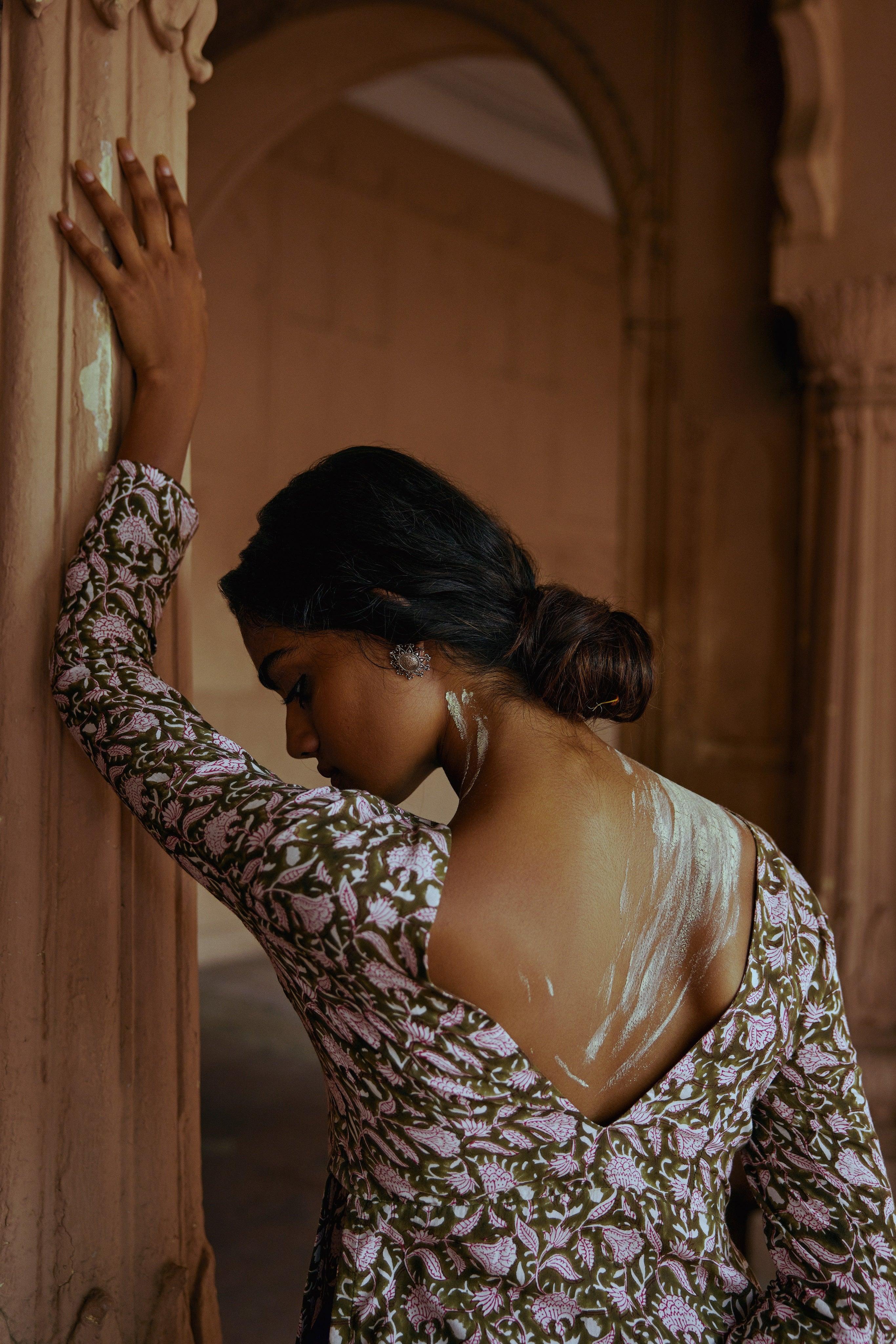 Olive Green Hand Block Printed Slit Silk Kurta Pant Set - trueBrowns