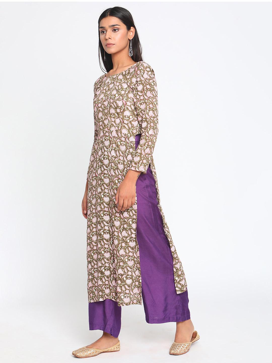 Olive Green Hand Block Printed Slit Silk Kurta Pant Set - trueBrowns
