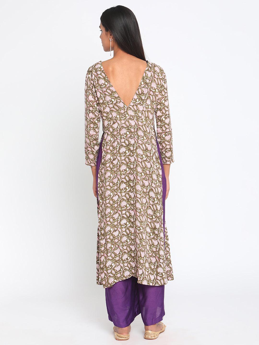 Olive Green Hand Block Printed Slit Silk Kurta Pant Set - trueBrowns