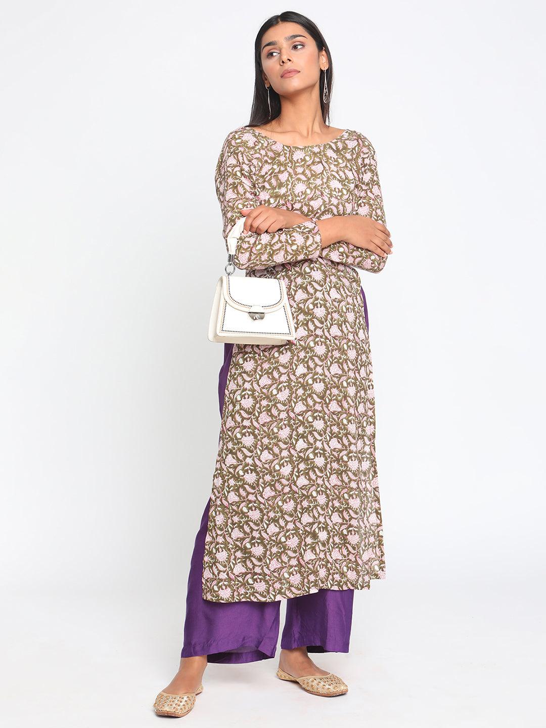 Olive Green Hand Block Printed Slit Silk Kurta Pant Set - trueBrowns