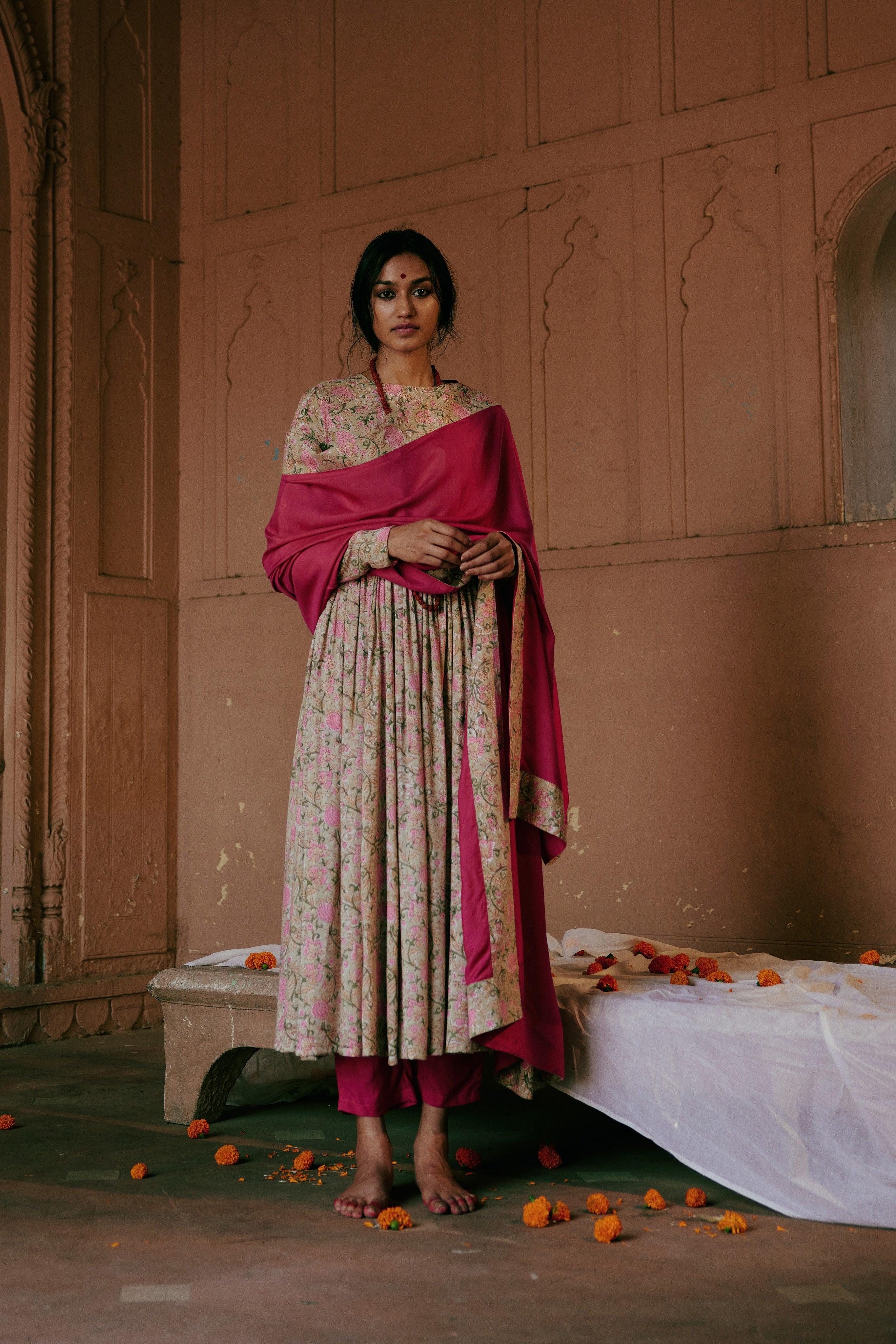 Green Hand Block Printed Flared Silk Kurta Pant Dupatta Set - trueBrowns