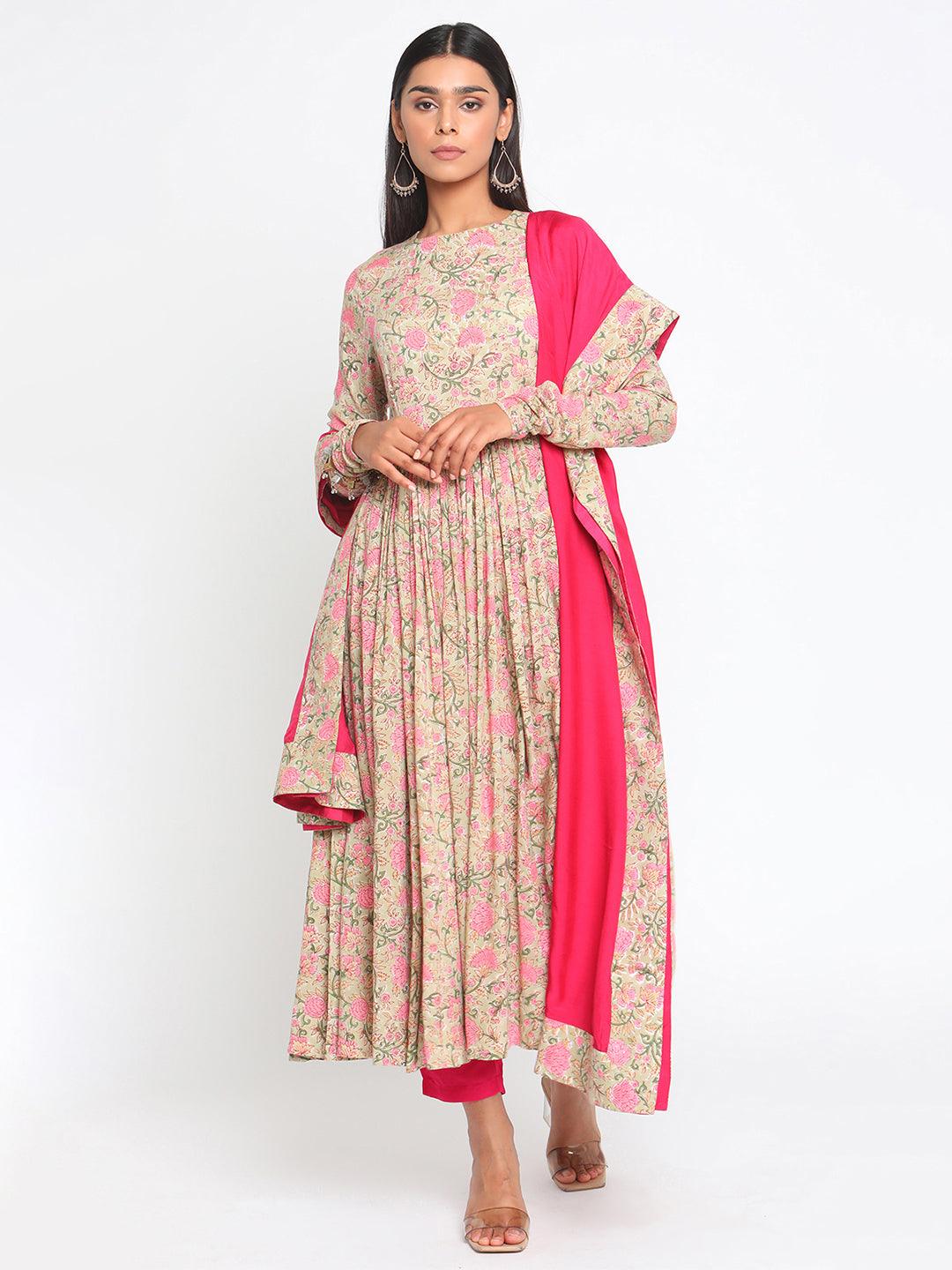 Green Hand Block Printed Flared Silk Kurta Pant Dupatta Set - trueBrowns
