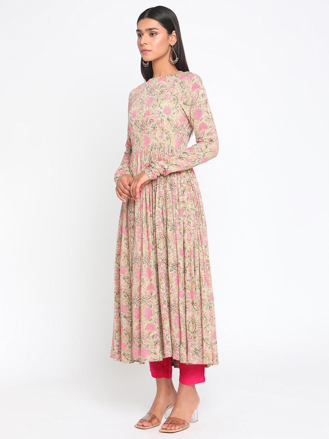 Green Hand Block Printed Flared Silk Kurta Pant Dupatta Set - trueBrowns