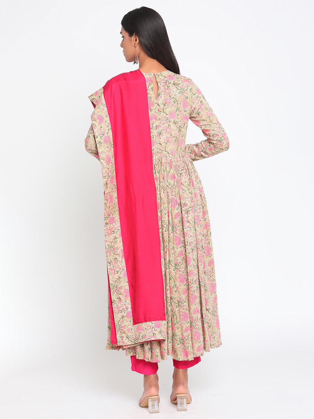 Green Hand Block Printed Flared Silk Kurta Pant Dupatta Set - trueBrowns