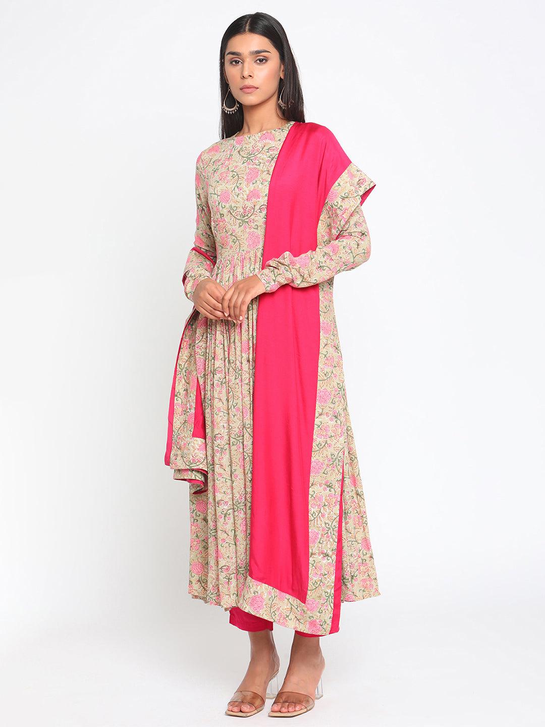 Green Hand Block Printed Flared Silk Kurta Pant Dupatta Set - trueBrowns