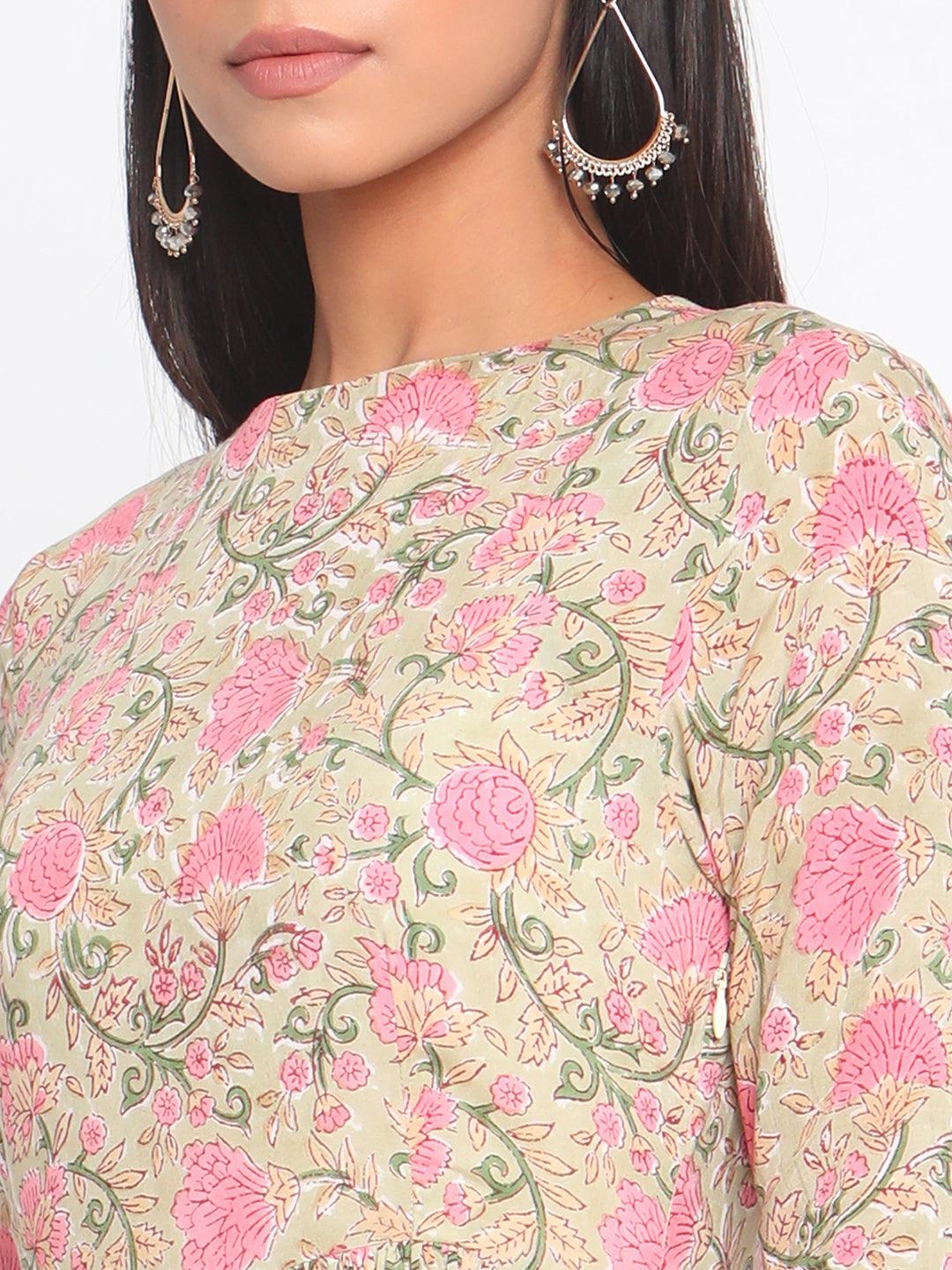 Green Hand Block Printed Flared Silk Kurta Pant Dupatta Set - trueBrowns
