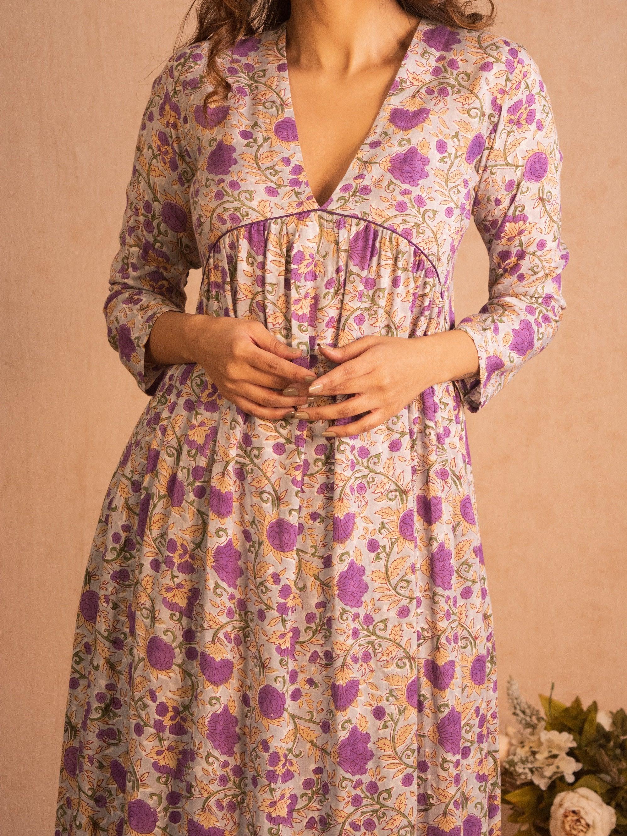 Purple Hand Block Printed Flared Silk Kurta Pant Dupatta Set - trueBrowns