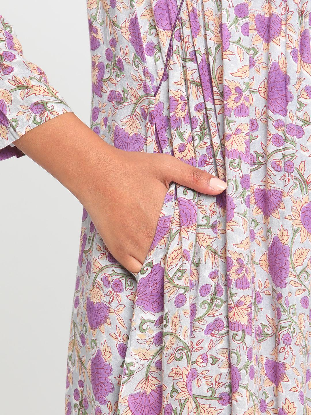Purple Hand Block Printed Flared Silk Kurta Pant Dupatta Set - trueBrowns
