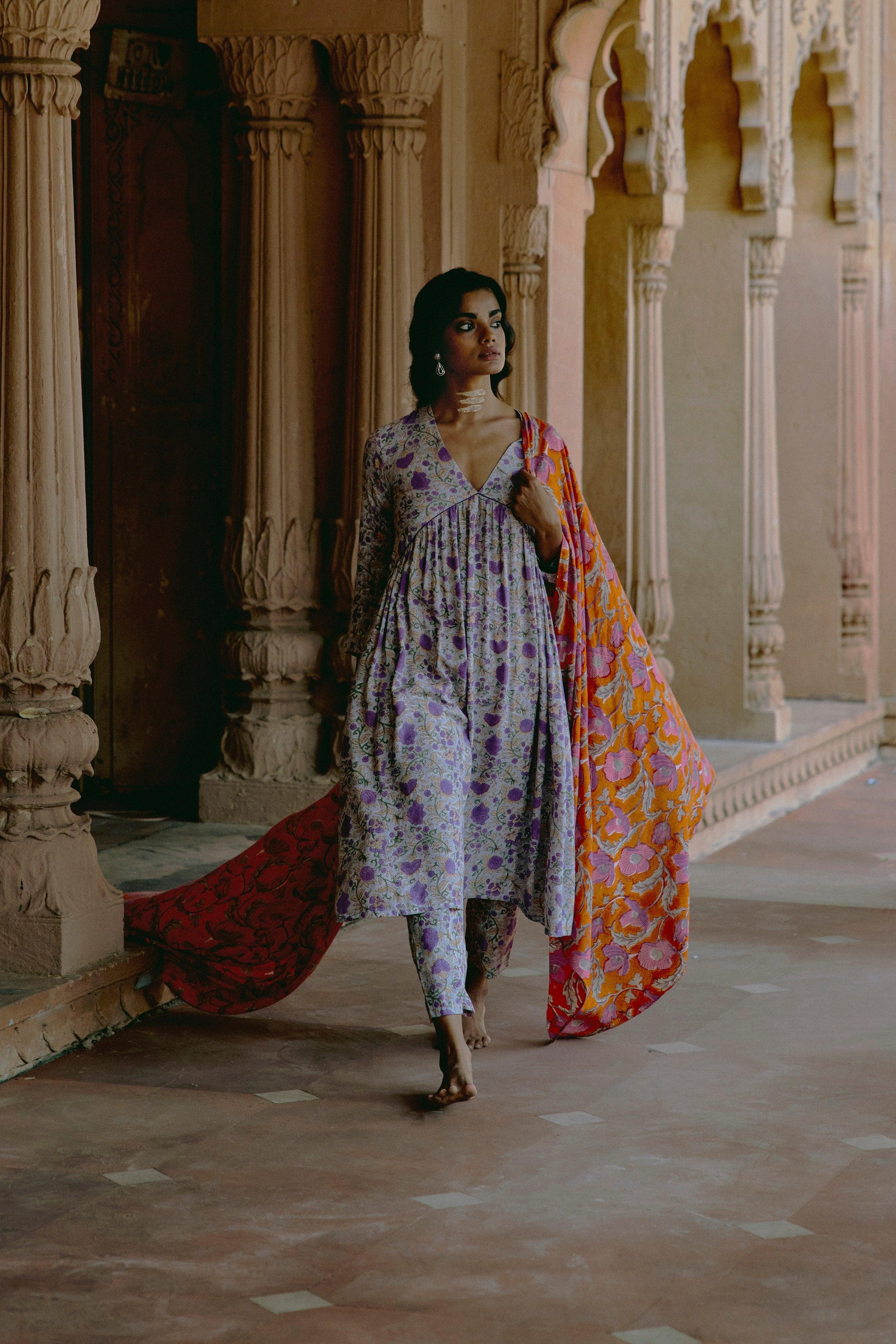 Purple Hand Block Printed Flared Silk Kurta Pant Dupatta Set - trueBrowns