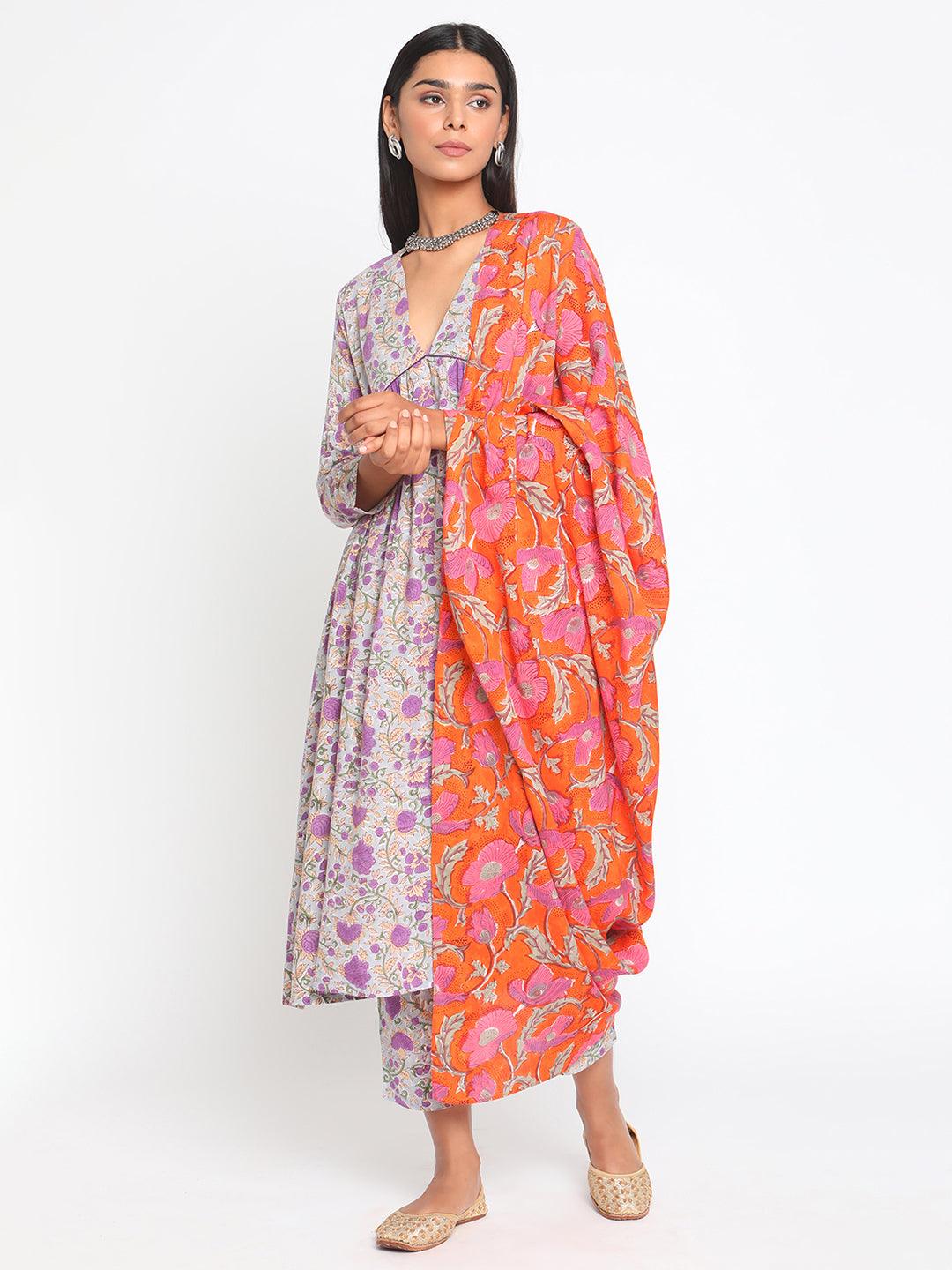 Purple Hand Block Printed Flared Silk Kurta Pant Dupatta Set - trueBrowns