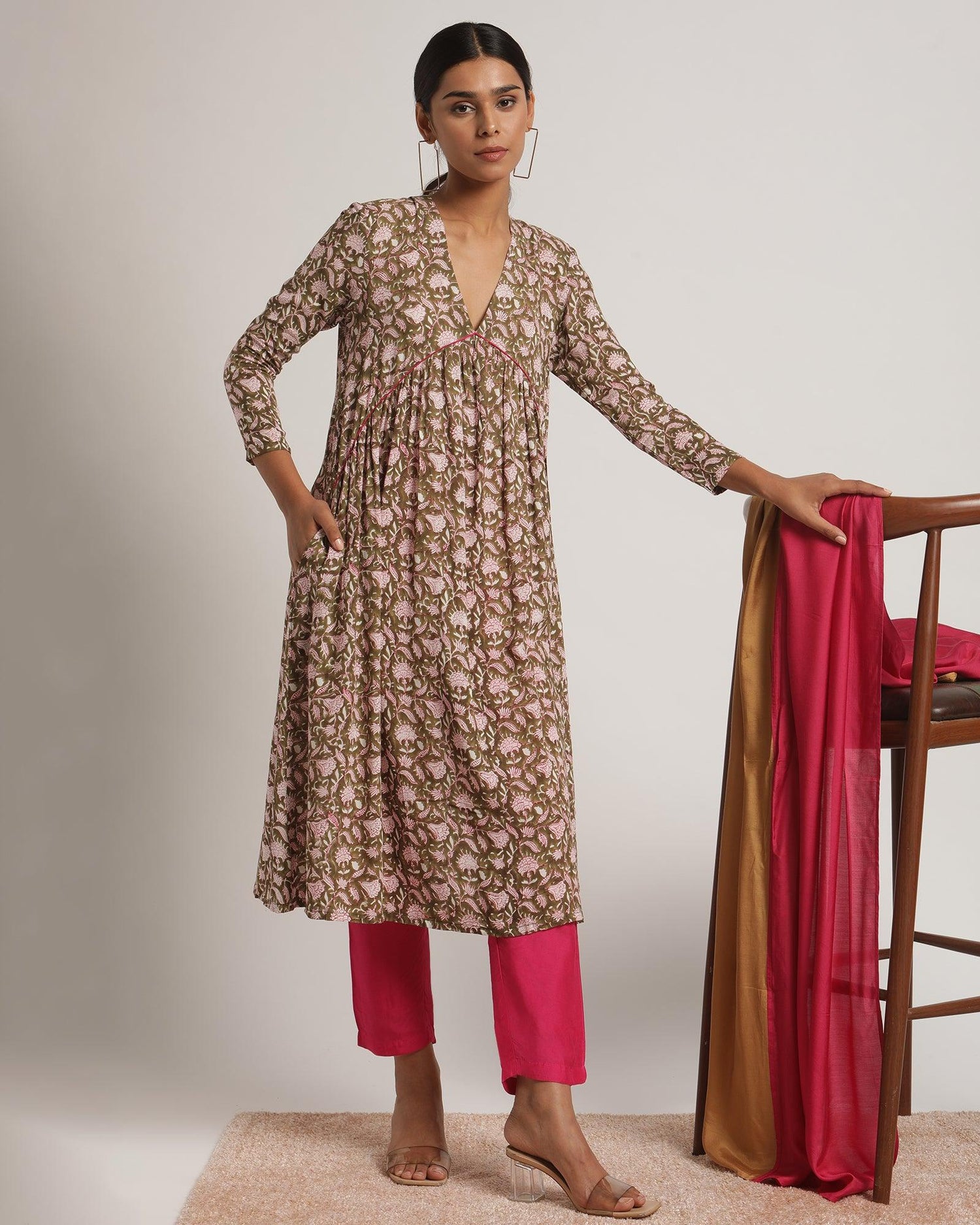 Olive Green Hand Block Printed Flared Silk Kurta Pant Dupatta Set - trueBrowns