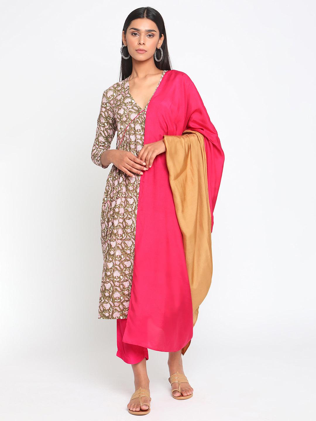Olive Green Hand Block Printed Flared Silk Kurta Pant Dupatta Set - trueBrowns