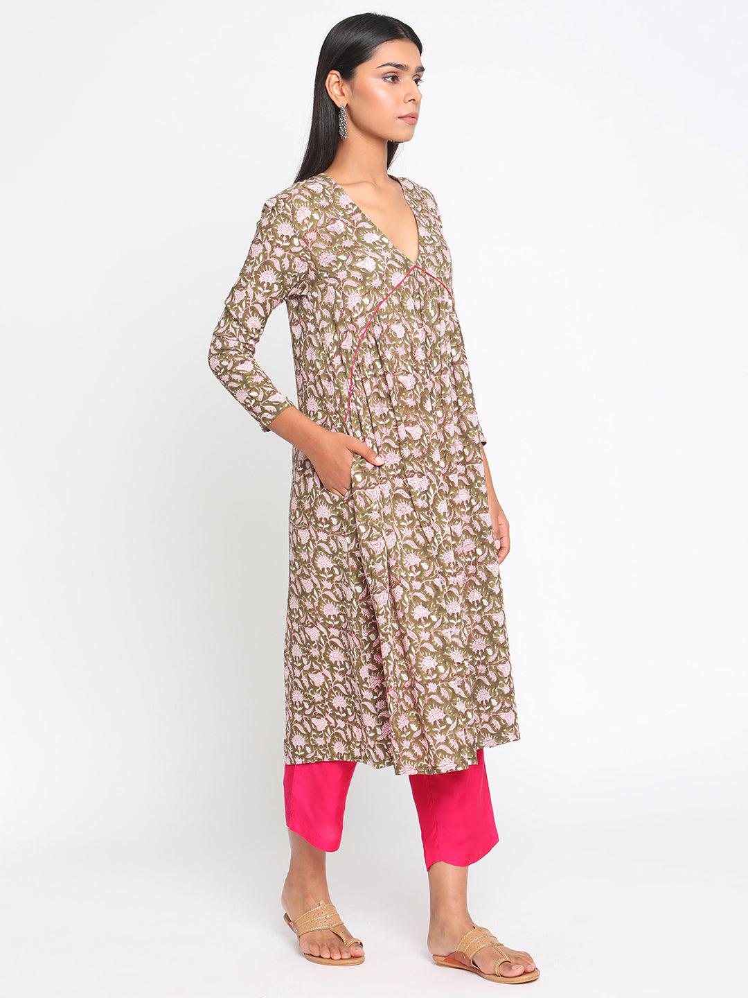Olive Green Hand Block Printed Flared Silk Kurta Pant Dupatta Set - trueBrowns