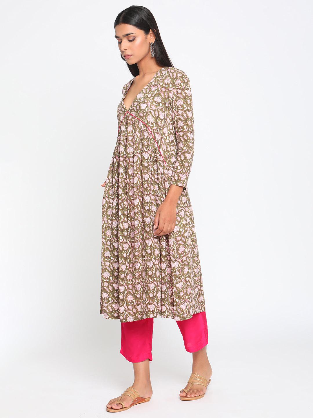 Olive Green Hand Block Printed Flared Silk Kurta Pant Dupatta Set - trueBrowns