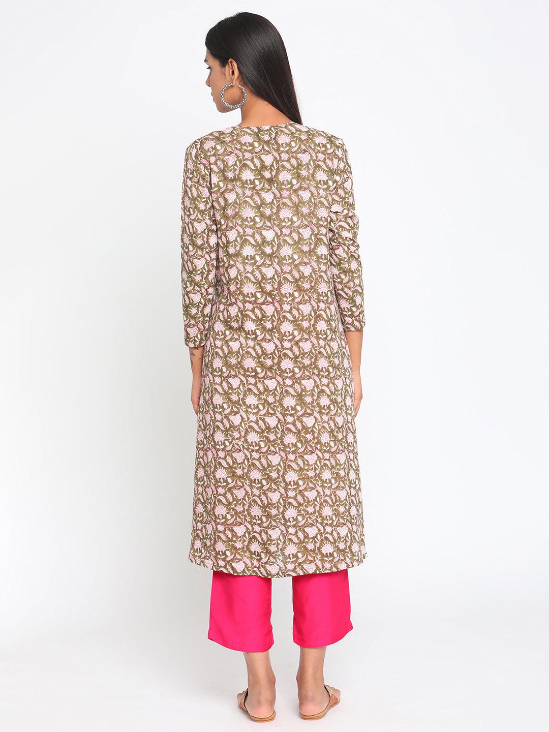 Olive Green Hand Block Printed Flared Silk Kurta Pant Dupatta Set - trueBrowns