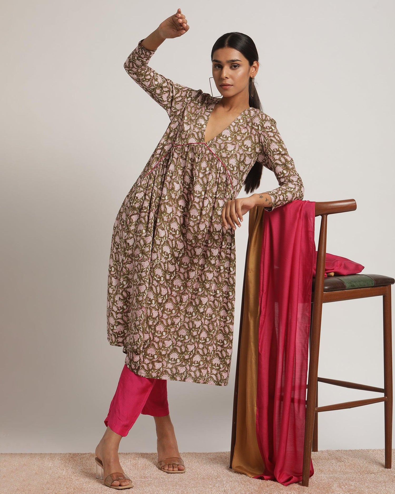 Olive Green Hand Block Printed Flared Silk Kurta Pant Dupatta Set - trueBrowns