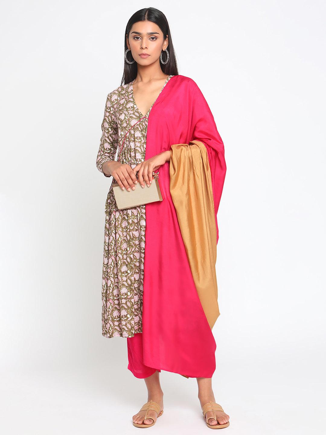 Olive Green Hand Block Printed Flared Silk Kurta Pant Dupatta Set - trueBrowns