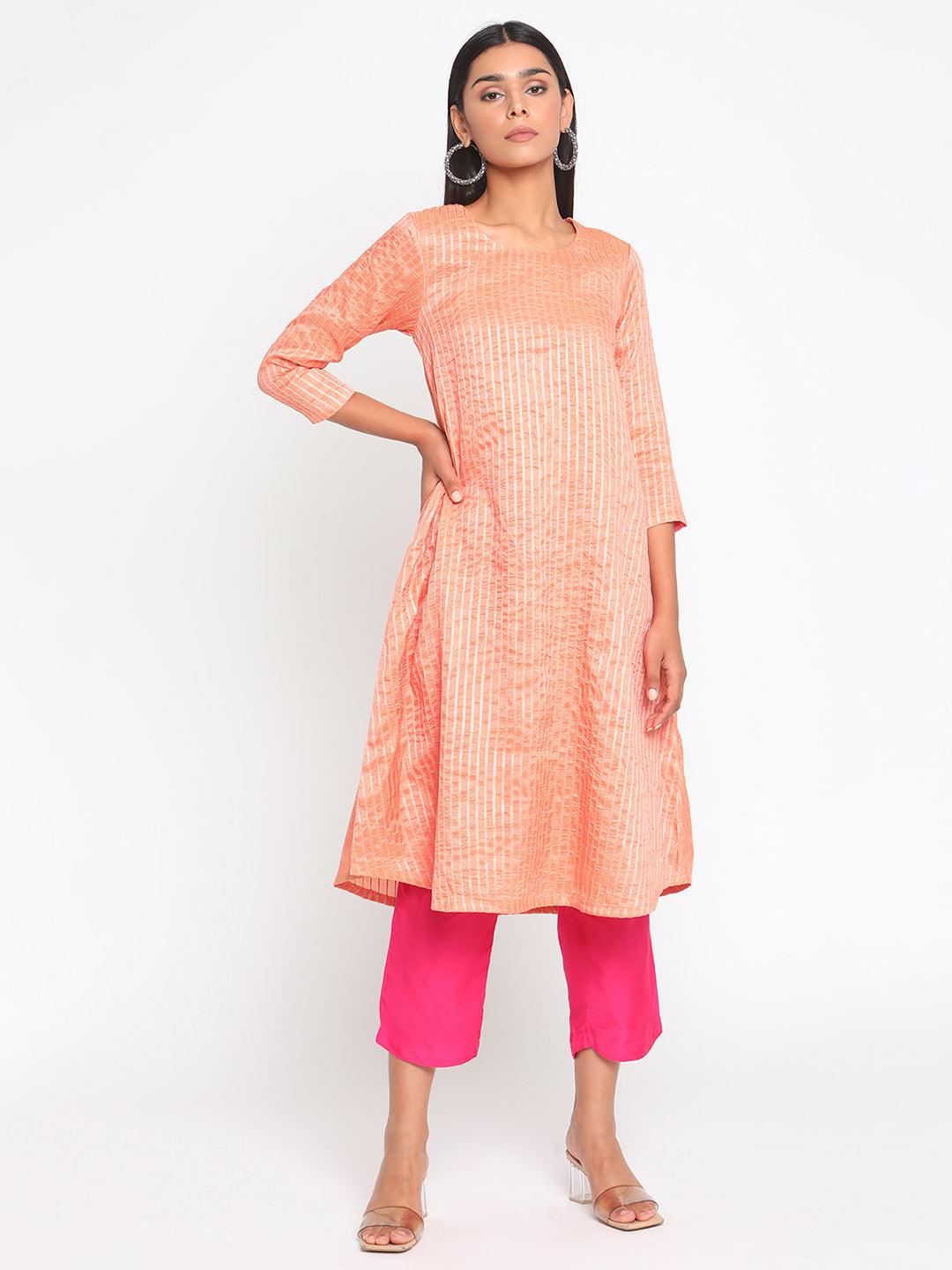 Chanderi Peach Striped Flared Kurta - trueBrowns