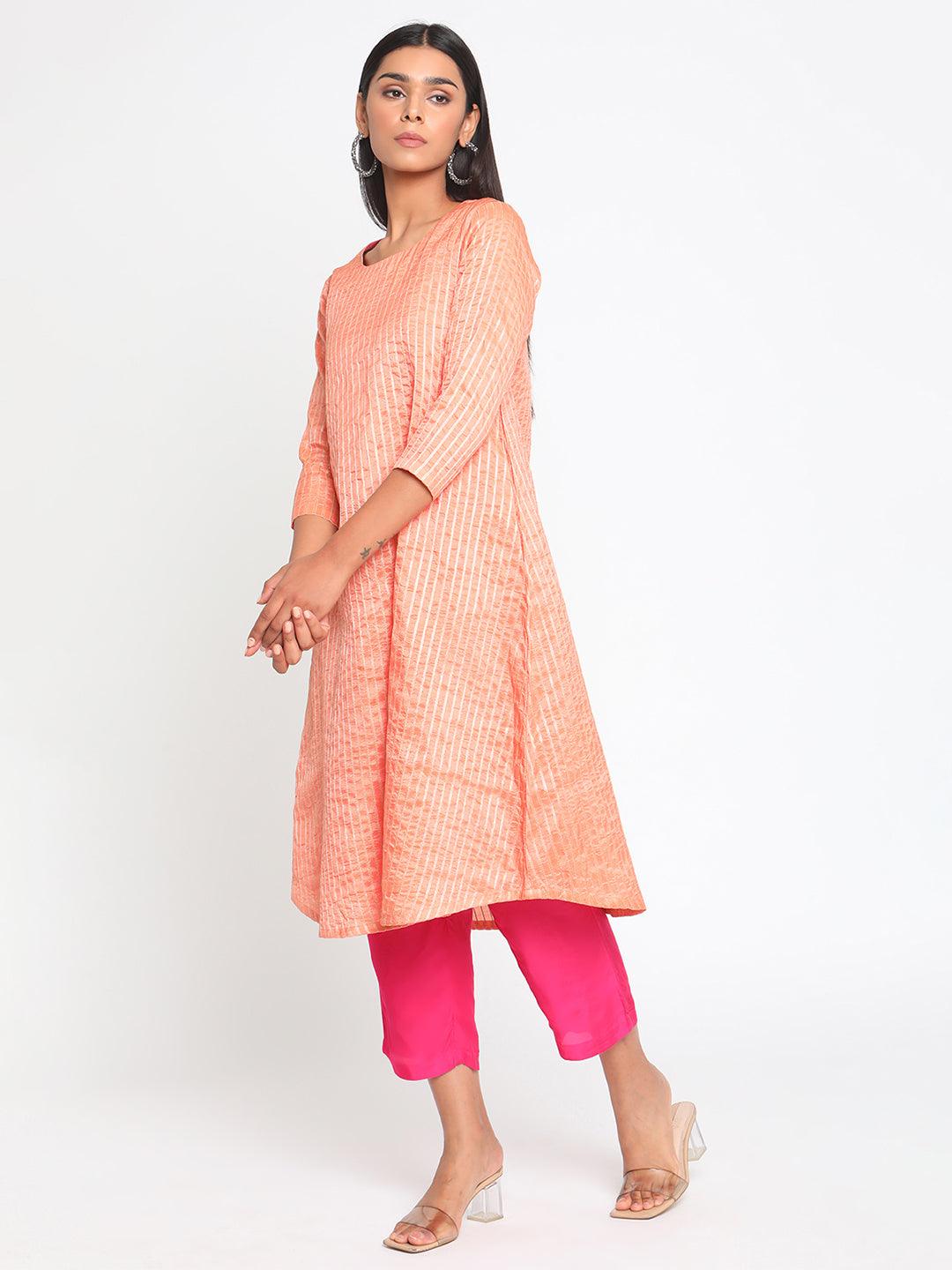 Chanderi Peach Striped Flared Kurta - trueBrowns