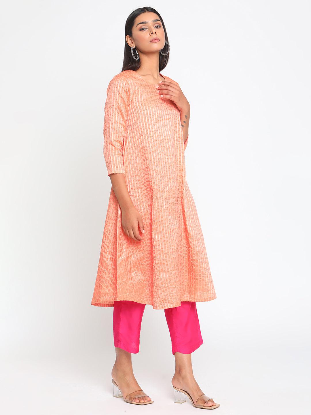 Chanderi Peach Striped Flared Kurta - trueBrowns