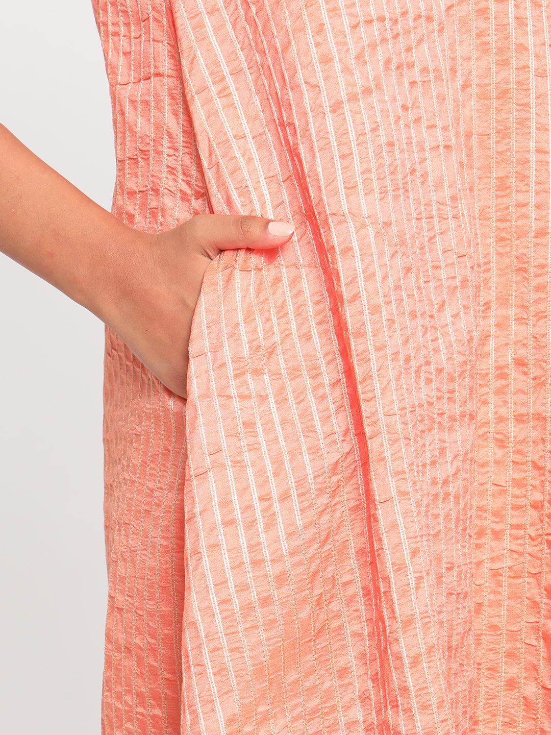 Chanderi Peach Striped Flared Kurta - trueBrowns