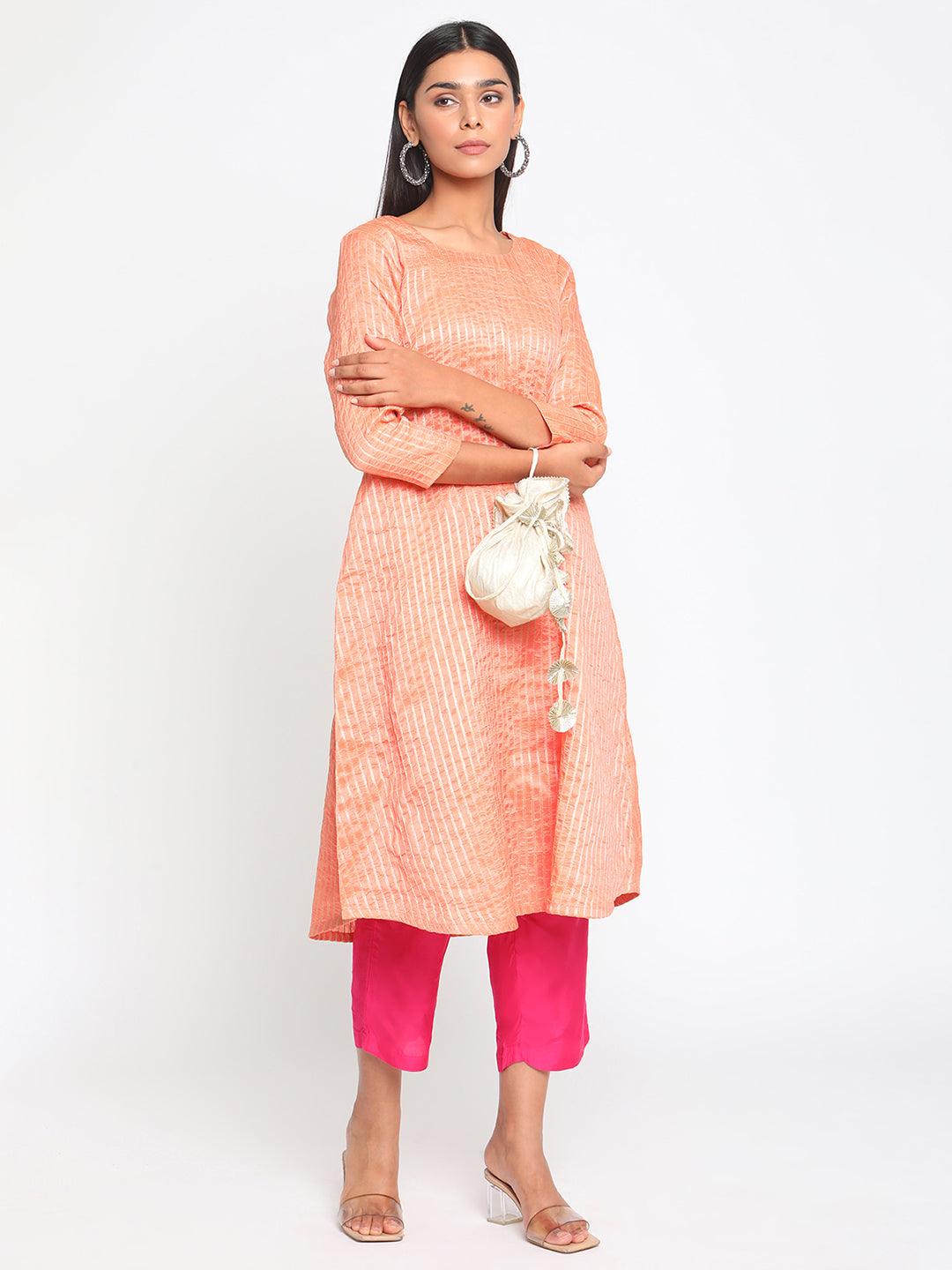 Chanderi Peach Striped Flared Kurta - trueBrowns