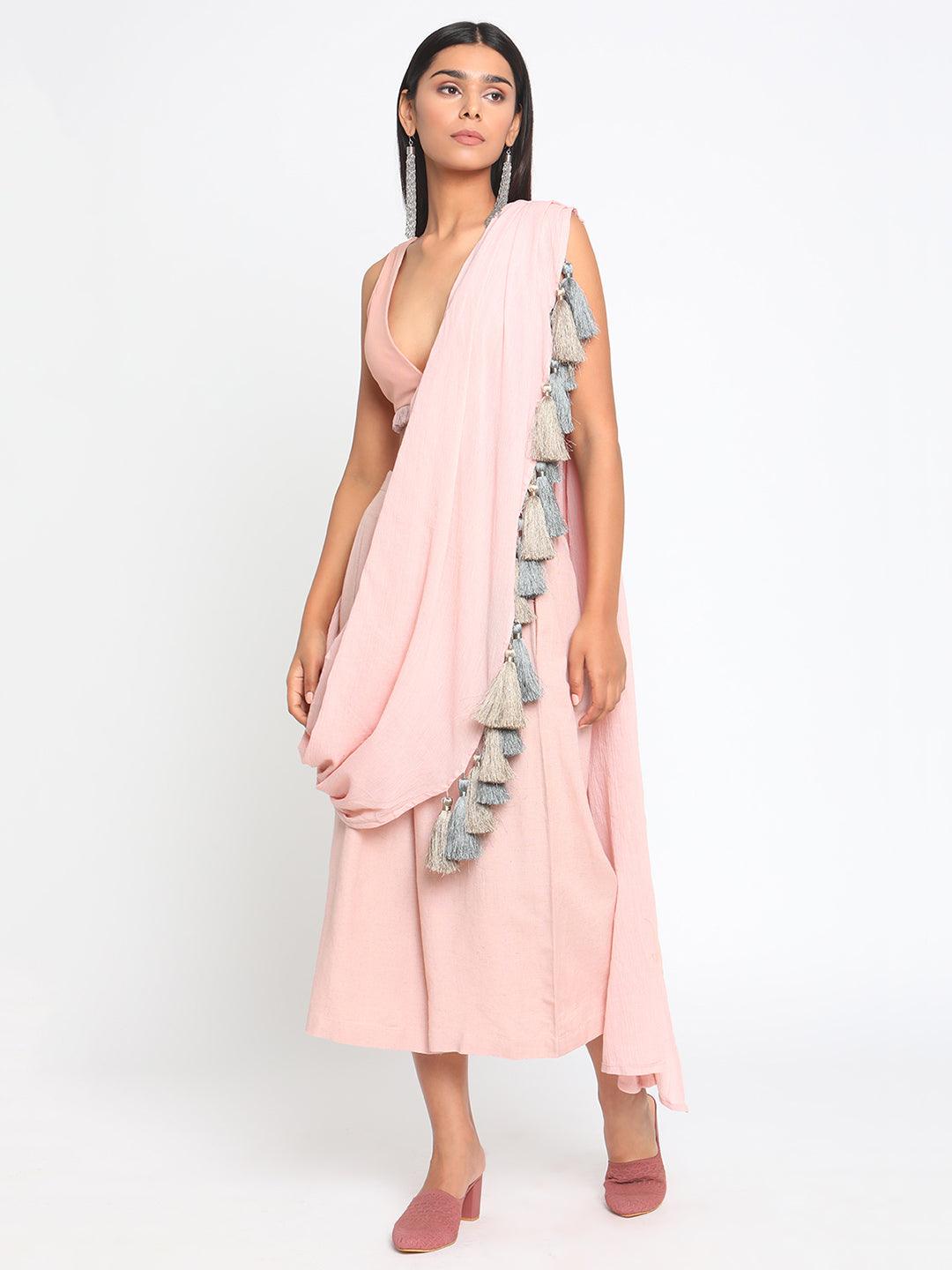 Rose Pink Pure Cotton Tassel Saree - trueBrowns