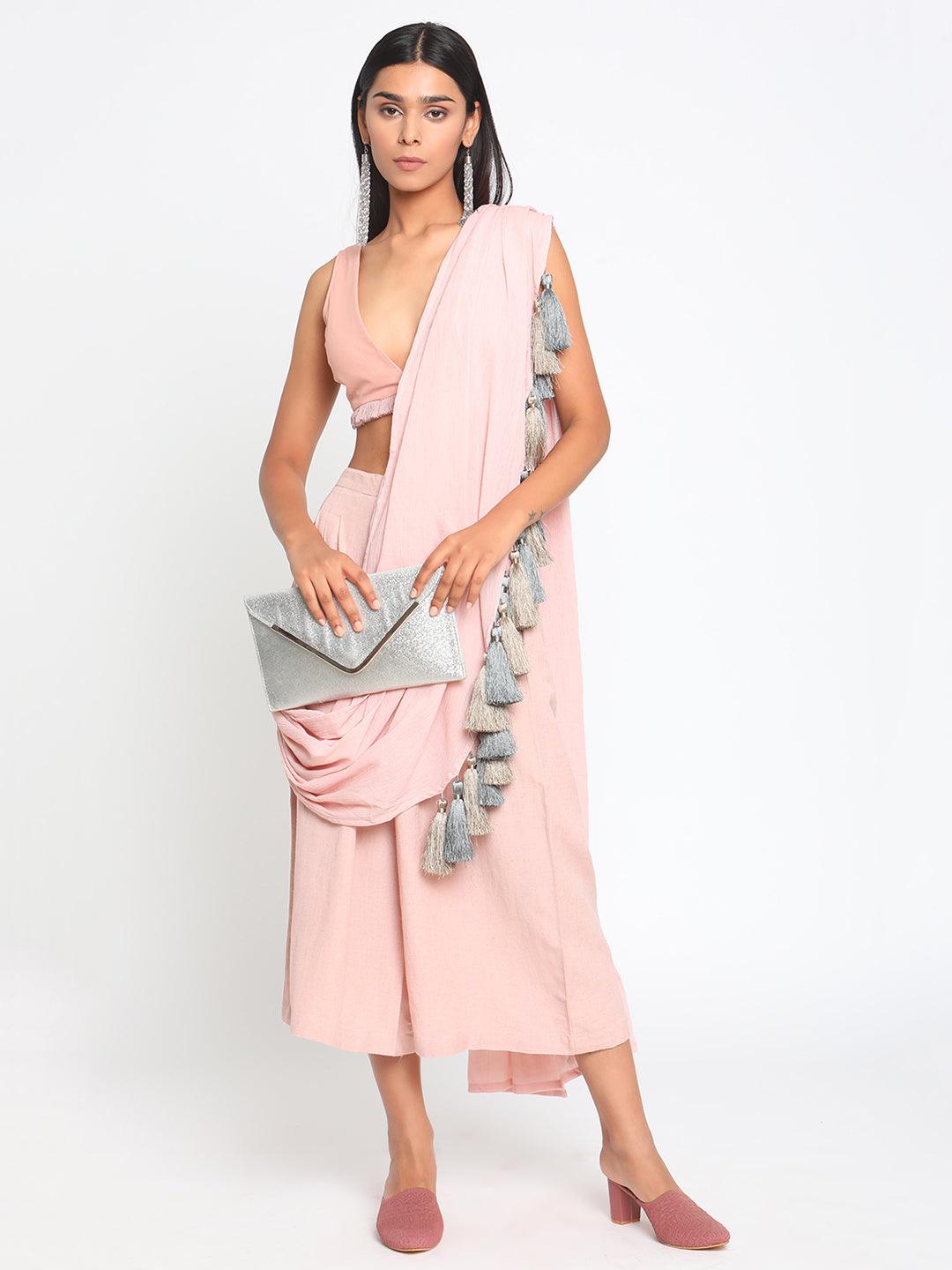 Rose Pink Pure Cotton Tassel Saree - trueBrowns