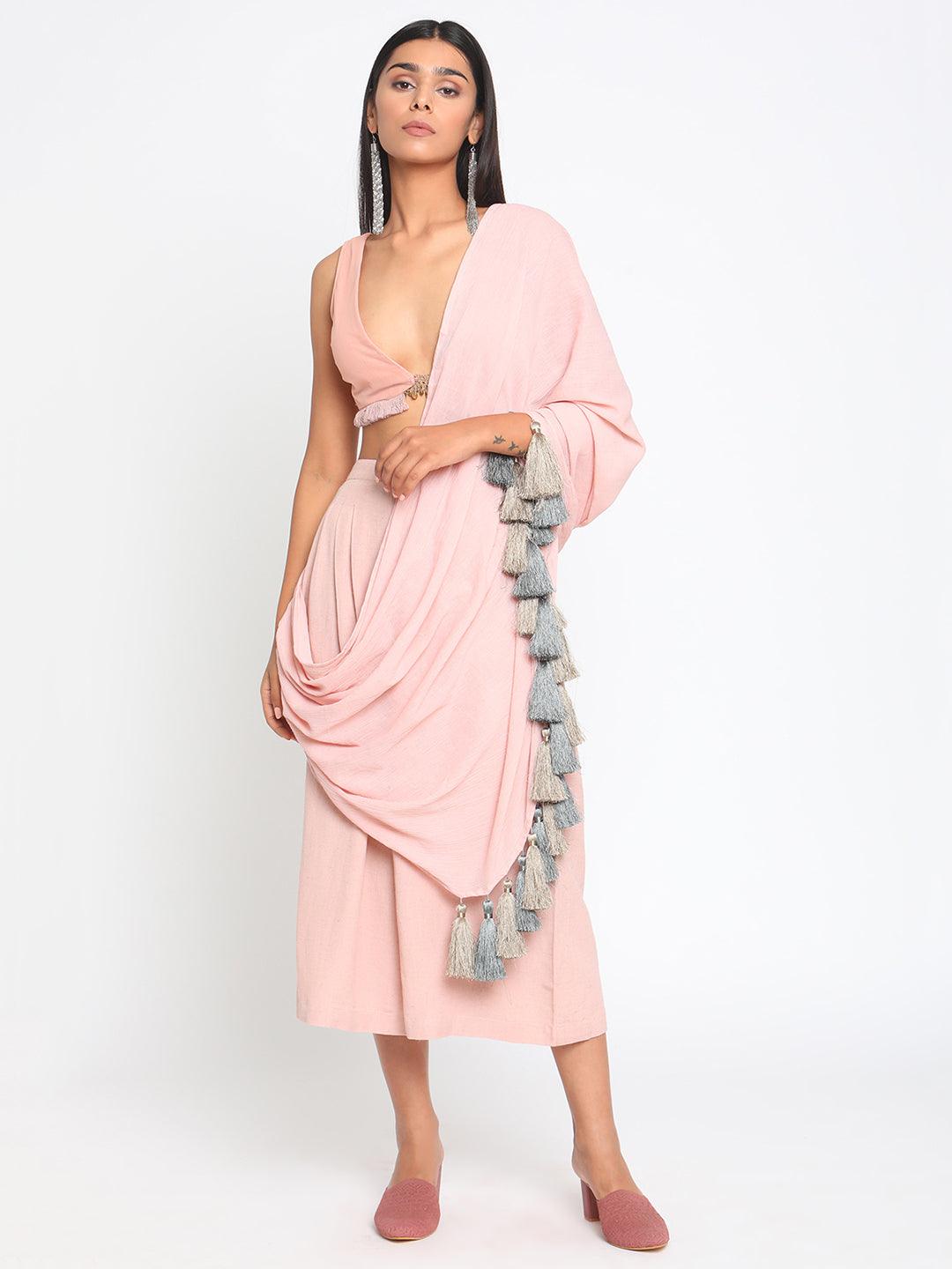 Rose Pink Pure Cotton Tassel Saree - trueBrowns