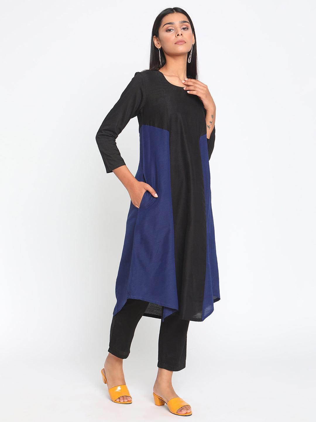 Black Blue Silk Kurta Pant Set - trueBrowns
