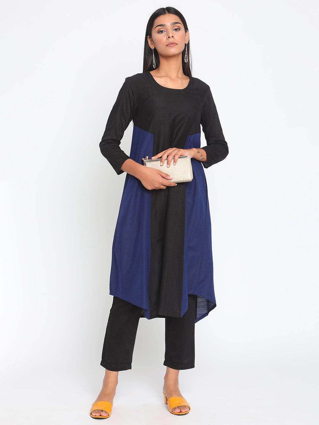 Black Blue Silk Kurta Pant Set - trueBrowns