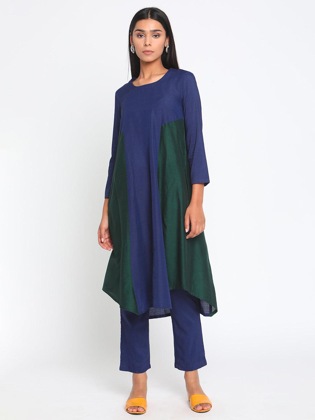 Blue Green Silk Kurta Pant Set - trueBrowns