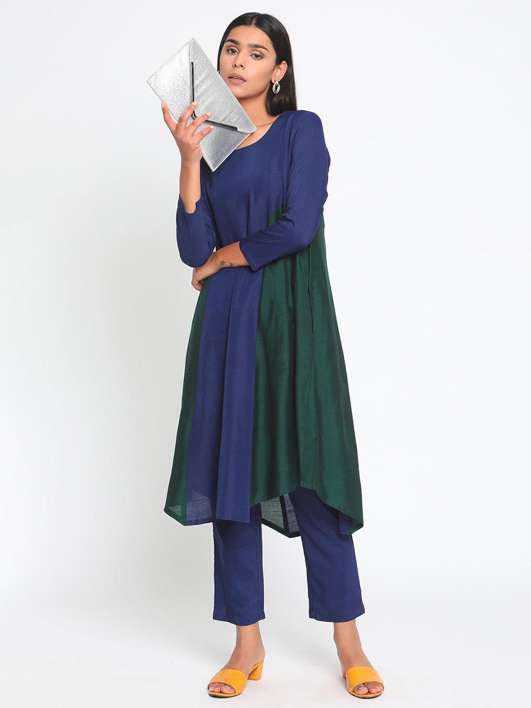 Blue Green Silk Kurta Pant Set - trueBrowns