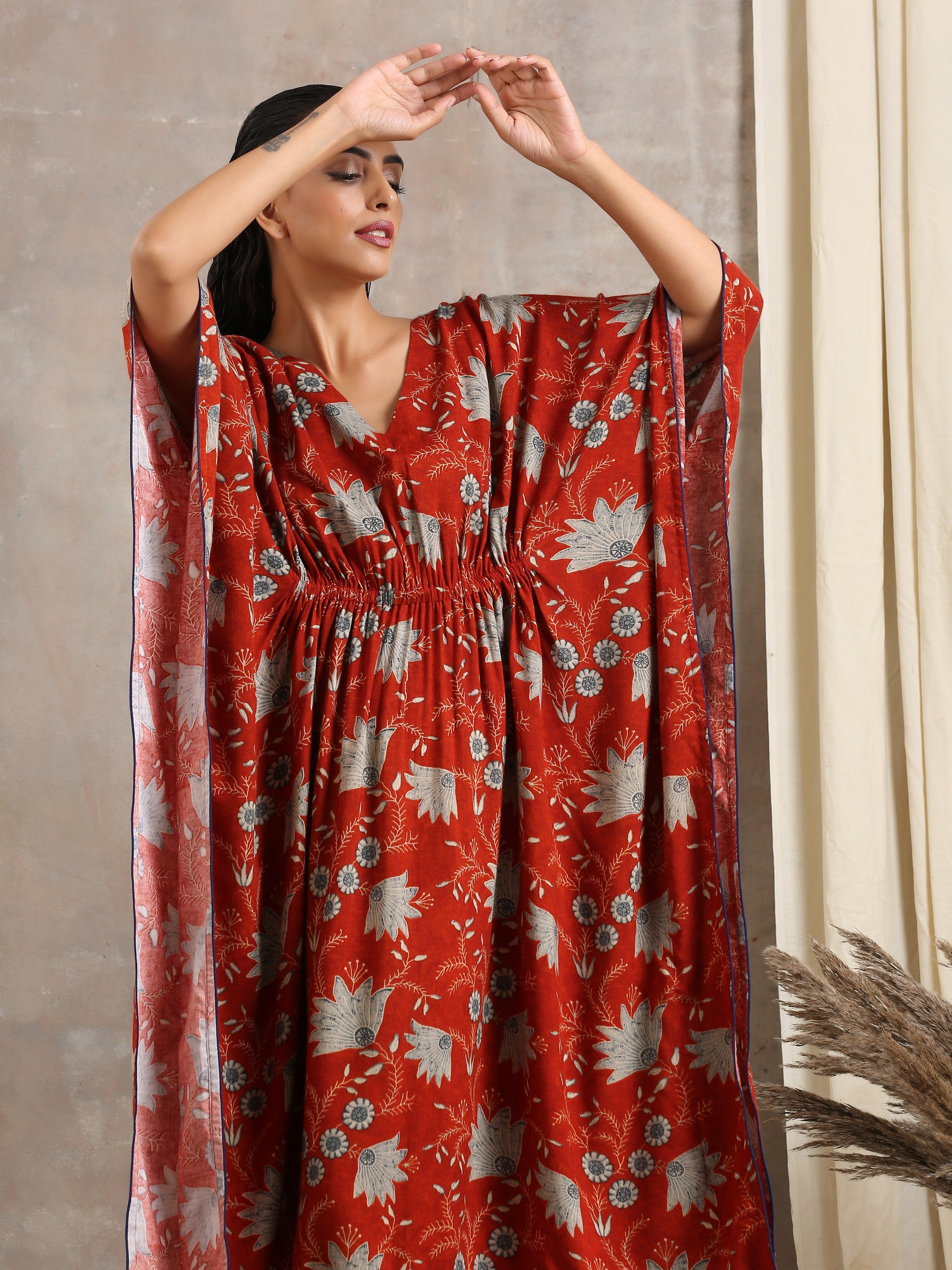 Cotton Rust Brown Floral Printed Kaftan - trueBrowns